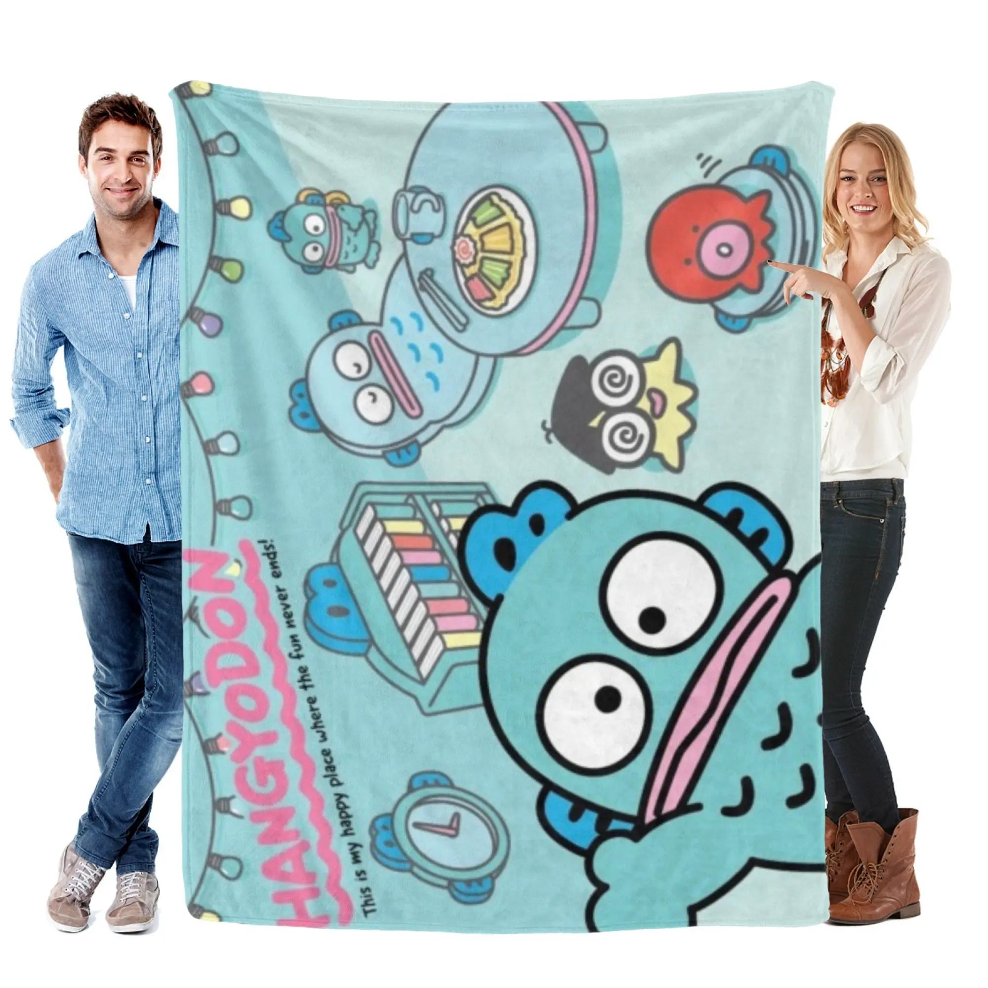 [SummerVibes] SANRIO Hangyodon Soft Flannel Blanket, Vibrant 2D Cartoon Print Throw, Cozy Multi-Use Blanket for Couch, Office & Home Decor
