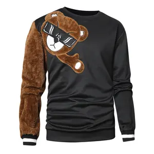 Men's Casual Sweatshirt, Bear Embroidery, Black Top, Suitable for All Seasons, Machine Washable Acetate Fiber, Ideal for Everyday Wear Menswear Soft