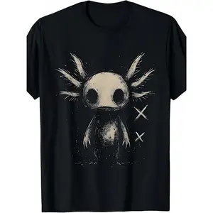 Dark Axolotl Graphic T-Shirt, Edgy Gothic Axolotl Print Tee, Unique Halloween Casual Streetwear Top for Men Women