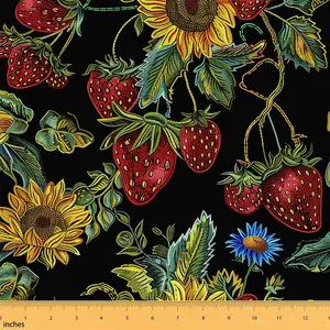 Sunflower Fabric By The Yard,2 Yards,Embroidery Strawberry Floral Print Upholstery Fabric,Blossom Flowers Decor Waterproof Fabric for DIY and Projects