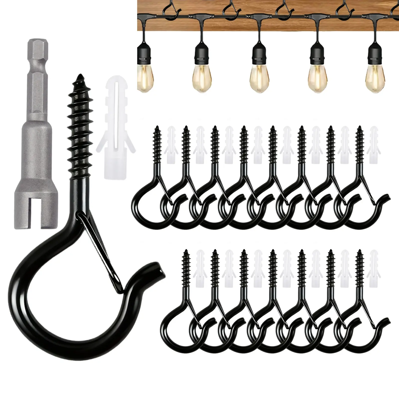 20/30 PCS Q-shaped Hanging Hooks with Safety Buckle, Includes Hooks – Screw Hooks for String Lights, Christmas Lights, Plants, Wind Chimes, Indoor & Outdoor Use on Walls and Ceilings, Hangable, Lights Hanger, Hanging Accessory