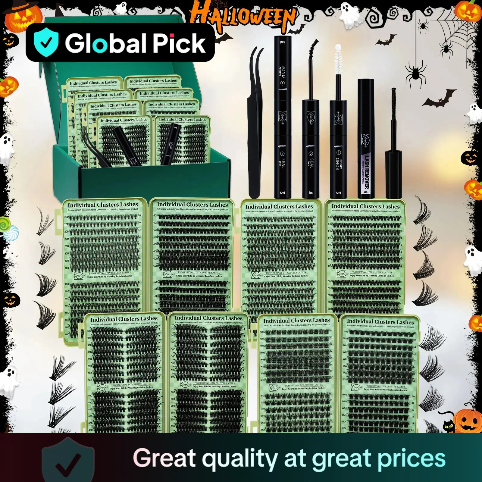 Individual Eyelash Extensions Kit, 1 Set Mixed Length & Style False Eyelashes with Tweezers & Glue & Remover, Professional Eye Enhancement Tools, Diy