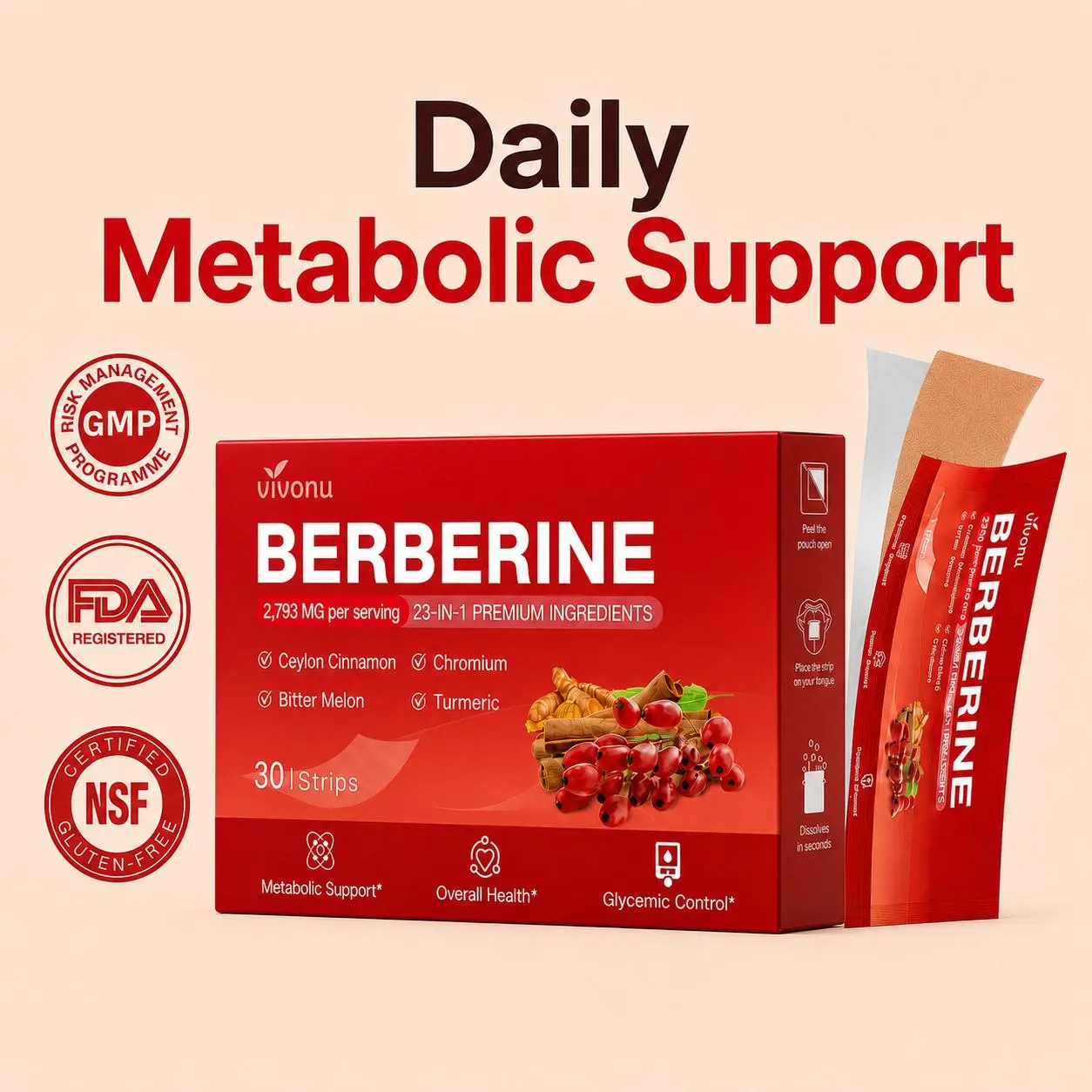 VivoNu Berberine HCl Oral Dissolving Strips with Ceylon Cinnamon, Chromium, Bitter Melon & Turmeric, Metabolic Support, Blood Sugar Support, Sugar Balance Support, Healthy Metabolism, 23-in-1 Daily Wellness Formula