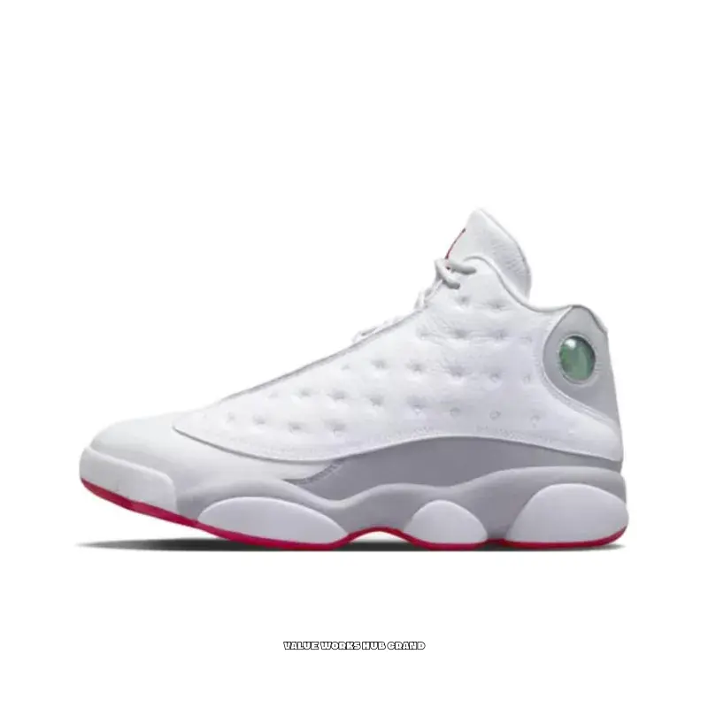 White, Grey and Red High-Top Retro Basketball Shoes with Pebbled Leather and Suede Upper, Red Accents and White Midsole