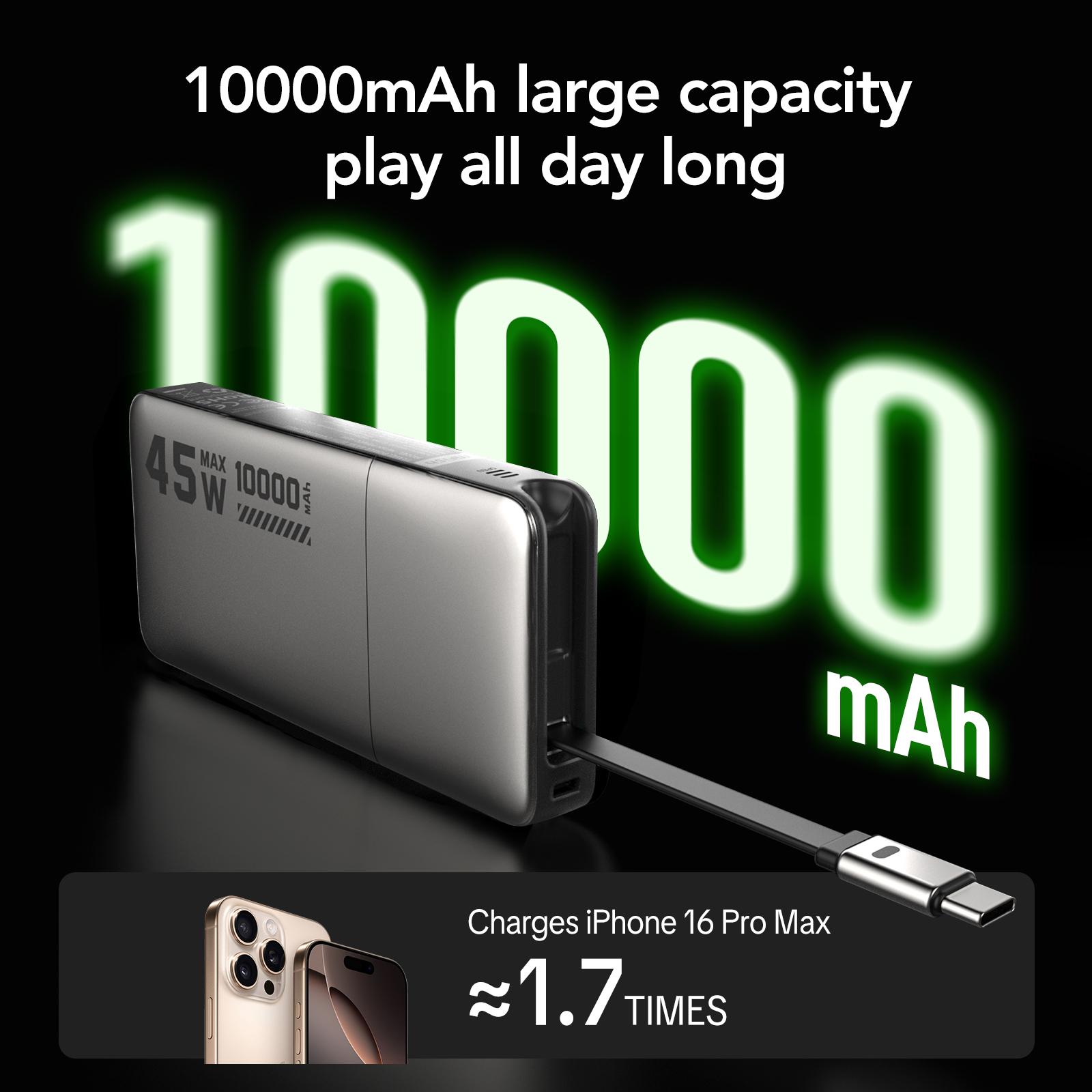 mfish Fast 45W 10000mAh Power Bank with Auto-Retractable Cable and Digital Display  for iPhone 16/15 Series, Galaxy, MacBook dealsforyoudays