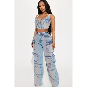 Losing Time Cargo Pant Set - Acid Wash Denim F