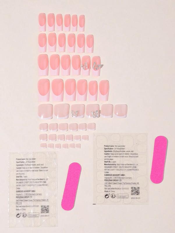 48-Piece Pink French Tip Press-On Nail & Toe Nail Set with Silver Bow Accents - Short Square Fingers & Toes, Nude Pink Base​