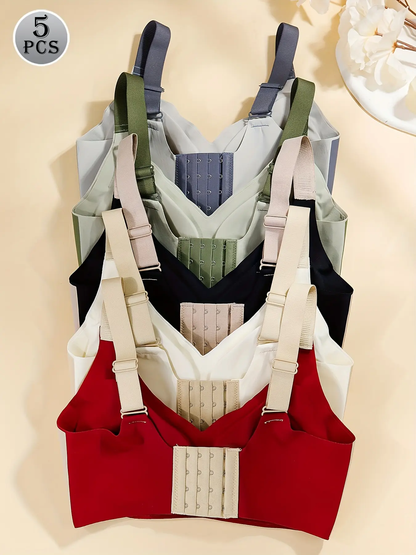 5-Piece Set Women’s Colorblock Wireless Bra with Adjustable Straps, Soft, Comfortable, Breathable Bra, Women’s Lingerie for All Seasons