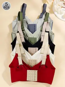 5-Piece Set Women’s Colorblock Wireless Bra with Adjustable Straps, Soft, Comfortable, Breathable Bra, Women’s Lingerie for All Seasons
