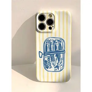 1pc Minimalist Cartoon Sardine Striped Pattern Perforated Glossy Polycarbonate Hard Phone Case Compatible With IPhone 11/12/13/14/15/16 Pro Max Waterproof Shockproof Anti-Fall Scratch Resistant,Suitable For IPhone 17 Air