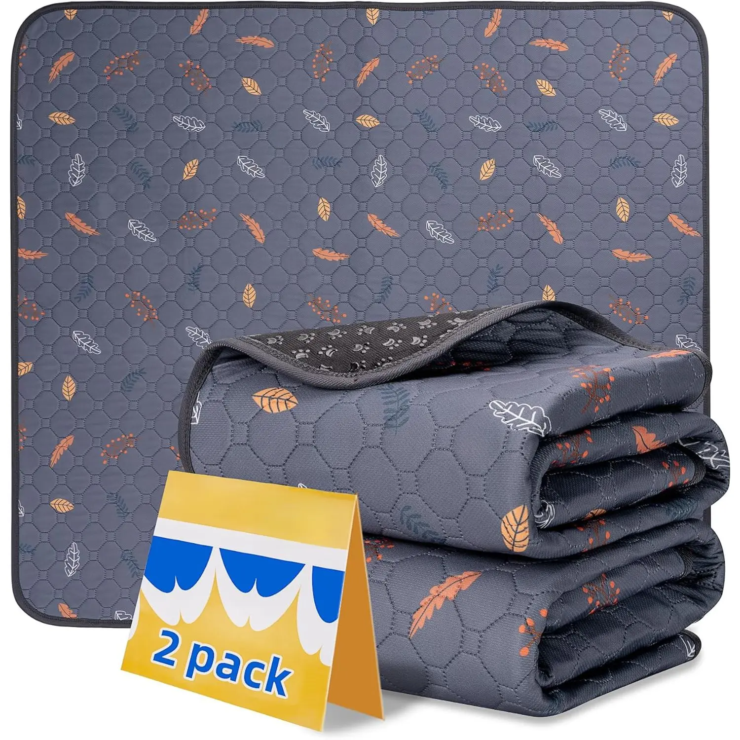 Washable Pee Pads for Dogs 2-Pack Reusable Puppy Pads Pet Training Pads, Waterproof Dog Pee Pads for Crate, Whelping Pad, Non-Slip Protects Against Urine Leakage (Leaves - Deep Grey, 18x24)
