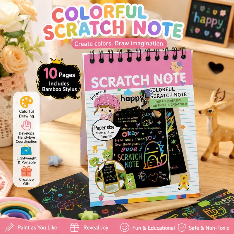 JUPITEARTH Rainbow Scratch Art Paper Notebook for Toddlers+ - 1 Pack Mini Magic Scratch-Off Doodle Note Pad Craft Kit, Easy to Carry Travel Toy, Creative Gift with Art Drawing & Colorful Drawing Supplies
