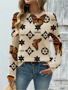 Women's Geometric Butterfly Print Round Neck Fitted Sweater, Casual Long Sleeve Knitwear for Fall Winter, Comfortable Warm Daily Wear