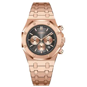 Boutique Luxury Men's Watch - Frosted Gold "Offshore Style" Case - Triple Sub-Dials Chronograph - Date Function - Business & Casual - Ideal Gift for Him