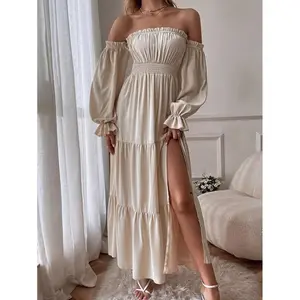 Women's 2025 Bohemian Style Sexy Off-Shoulder Long Sleeve Gathered High Waist Side Slit Flowing A-Line Layered Long Dress Black Formal Ball Gown Summer Elegant Clothing Women's Wear