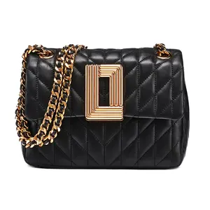 Karl Lagerfeld LAFAYETTE Quilted Chain Shoulder Bag Chic Everyday Statement Black Faux Leather with Gold Clasp Closure