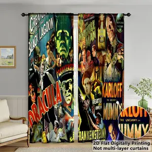 JIT 2PCS classic horror movie poster curtains, retro style vampire pattern, digital printed polyester fiber curtains, suitable for Halloween decoration in living rooms and bedrooms