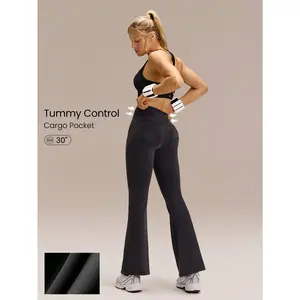 GLOWMODE Modal Ribbed Grooving & Glowing Seamless Waist Back Pockets Flare Leggings Medium Impact Studio Gym Workout Daily Casual Wear