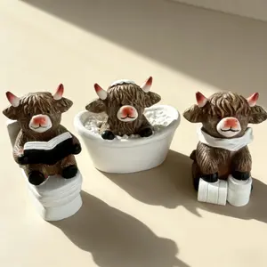 3-Piece Highland Cow Bathroom Decor Set – Cute Resin Figurine Statues for Home & Desk, Whimsical Craft Ornaments & Unique Holiday Gift Ideas