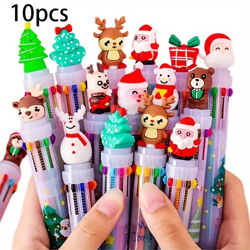Random Christmas Themed 10-color Ballpoint Pen (1/5/10pcs), Cute Retractable Ballpoint Pen with Holiday Charm, Writing Pen for Students, Seasonal Stat