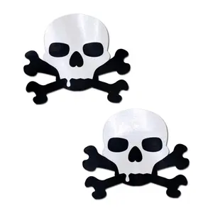 PASTEASE - Nipple Cover Pasties, Adhesive Bra, Breast Tape - Skull: Sullen Skull & Crossbones Black & White - Level Up Your Halloween Costume Accessory - Dimensions: 3.3” x 2.8” Diameter: 1.6 inches