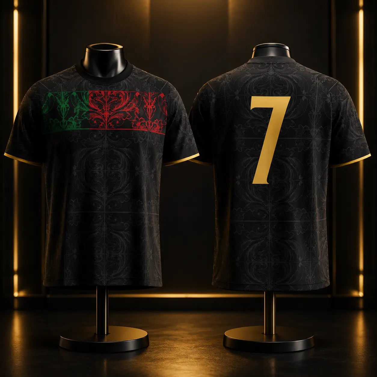 Soccer Jersey, Unisex Personalized Portugal-Themed Sporty Top with Custom Name & Number, Black Gold Ornamental Print, Sporty Sports Top, Athletic Active Tops