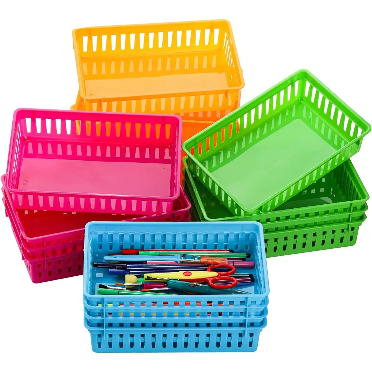 16-Pack Plastic Classroom Storage Baskets for Children - Colorful Home Supplies Desk Organizer Trays, Indoor Crayon Pencil Containers for Shelf, 10.2" L x 6.5" W x 2.4" H (Kitchen Items Compatible)