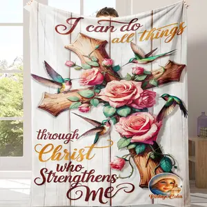 Christian Cross Rose Hummingbird Flannel Throw Blanket I Can Do All Things Through Christ Inspirational Religious Gift Super Soft Cozy Lightweight Plush Blanket for Sofa Bed Couch Prayer Home Decor Birthday Christmas Present for Women Faith Believers