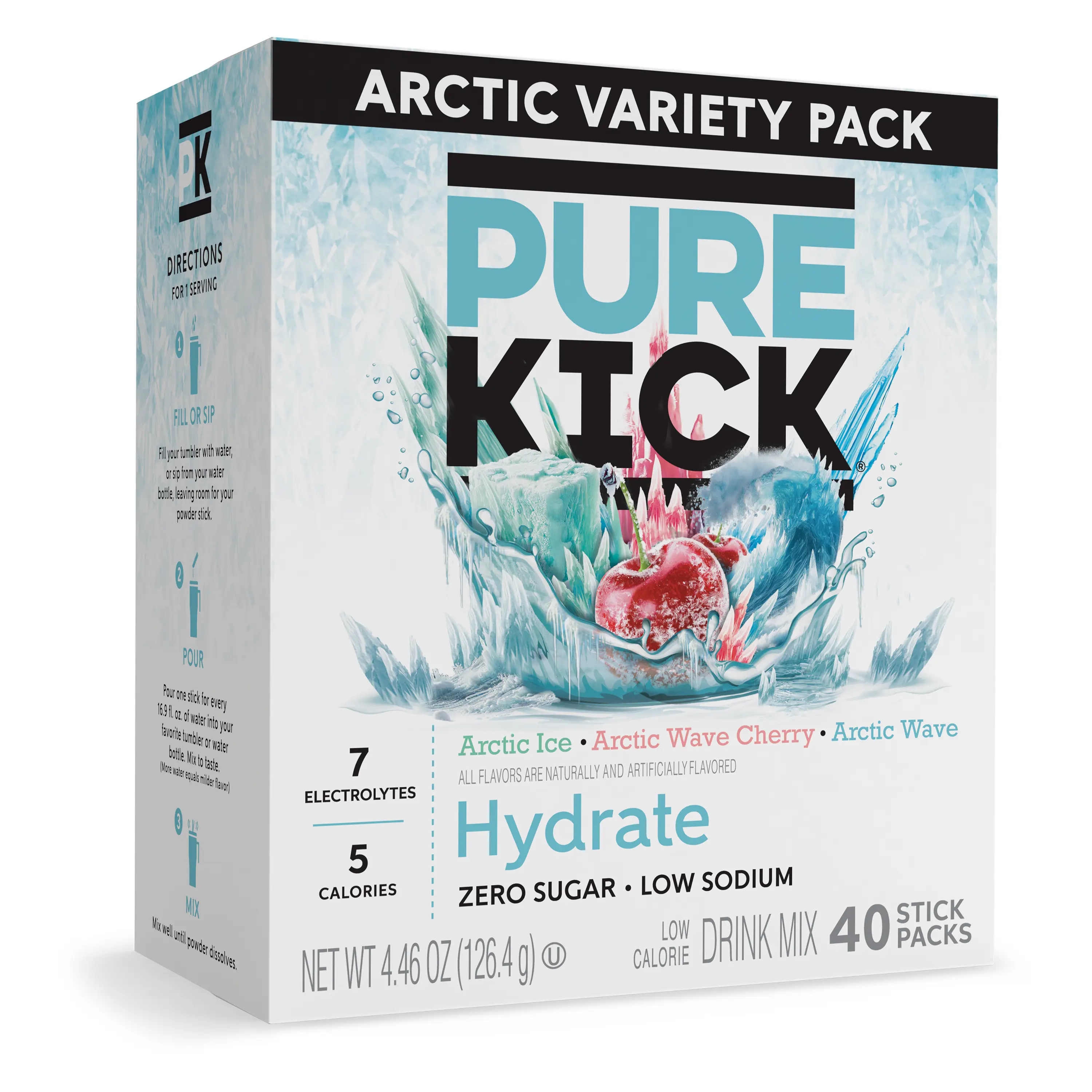 Pure Kick Hydrate 40ct Arctic Variety Pack Drink Sticks Zero Sugar