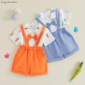 Easter Two-Piece Outfit for Baby Boys - Carrot/Bunny Print Short-Sleeve Shirt + Bow Tie Overalls, Cute and Stylish Easter Attire for Infants and Toddlers (6 Months - 4 Years)