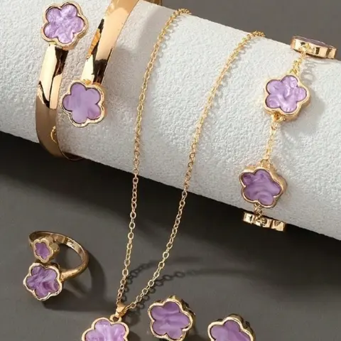 Luxury Emerald Matching Jewelry Set, 6pcs Clover Design Bracelet & Necklace & Earrings & Bangle & Ring Set, Elegant Accessories for Parties & Daily Use, Jewellery Gift Set