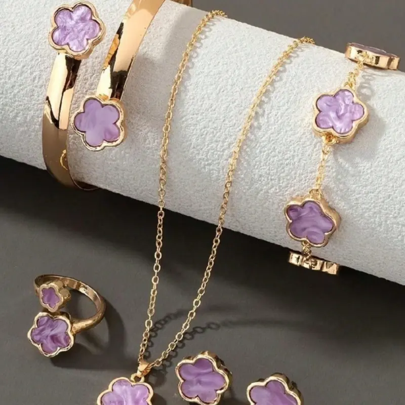 Luxury Emerald Matching Jewelry Set, 6pcs Clover Design Bracelet & Necklace & Earrings & Bangle & Ring Set, Elegant Accessories for Parties & Daily Use, Jewellery Gift Set
