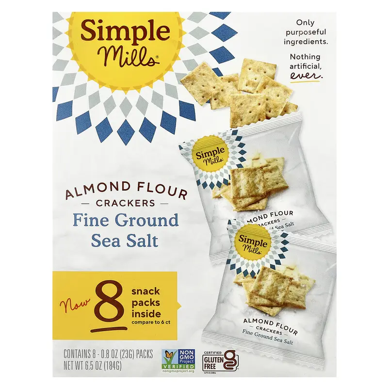 Simple Mills Almond Flour Crackers, Fine Ground Sea Salt, 8 Packs, 0.8 oz (23 g) Each