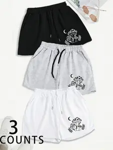 Women's Vintage Summer 3-Piece Drawstring Shorts, Moon Mushroom Print, Adjustable Waistband, Multiple Pockets, Casual Fitted Style
