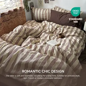 Duvet Cover Set Full Size,Brown White Striped Patterned Bedding Set for Girls Boys,Modern Soft Breathable Microfiber Comforter Cover 3 Pieces with Zipper Closure and 2 Pillow Shams