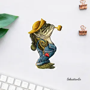 Funny Fishing Bass Sticker Design, Country Fisherman Aesthetic Art, Vintage Angler Lifestyle Illustration