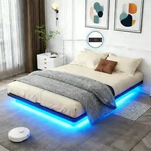 【Floating Bed】Bed Frame with Led Lights Heavy Duty Metal Platform Bed Frames with Power Outlets, Queen Size Bed, Noise Free, Heavy Duty Steel, No Box Spring Needed, Anti-Slip, Easy Assembly