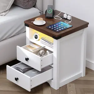 Nightstand with Charging Station, Farmhouse Nightstand with LED Lights, Modern Rustic Side Table with 2 Storage Drawers, Wooden End Table for Bedroom, Antique White