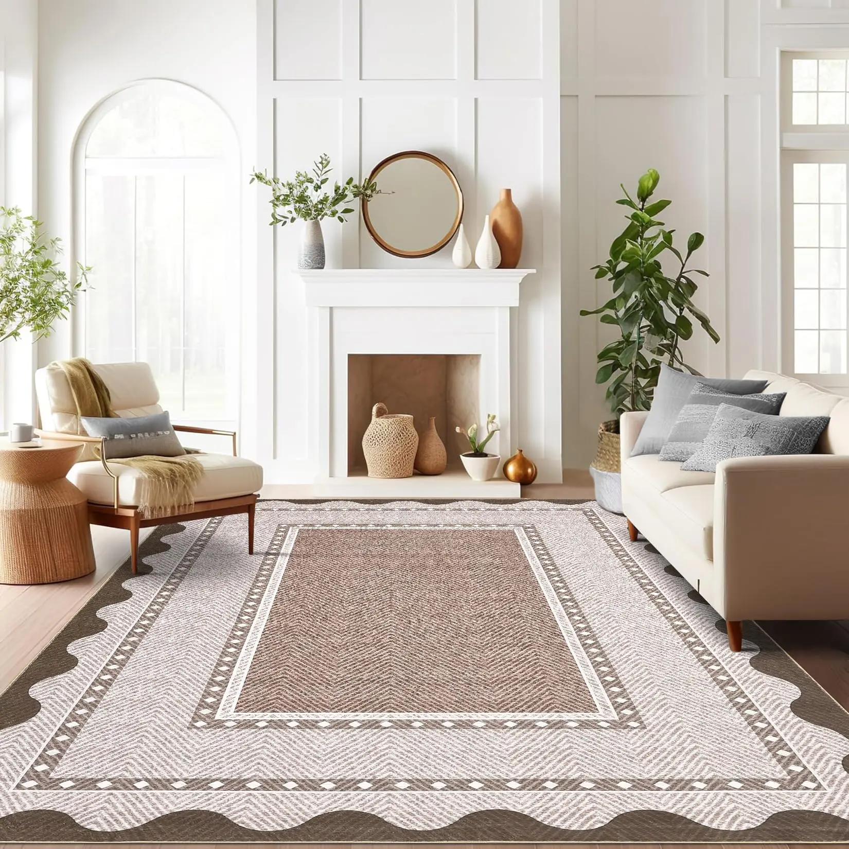 Garvee Border Washable Area Rug 9x12 Living Room Rugs Modern Neutral Stain Resistant Rugs for Bedroom Nursery Non Slip Ultra-Soft Low Pile Carpet for Dining Room Farmhouse Office Floor Mat Brown