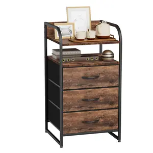 【LaborDaySale】AOWOS  Nightstand, Night Stand with 3 Fabric Drawers, Side Table Bedside Dresser for Bedroom Furniture with 2 Shelves, Sturdy End Tables for Living Room for All Age Group, Adult, Brown