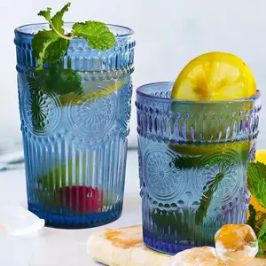 12pcs Vintage Drinking Glasses Set, 12 oz Highball Glasses & 9 oz Embossed Ribbed Glass Cups for Cocktail, Water, Juice, Coffee, Whiskey (Blue)