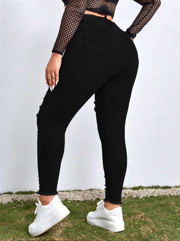 High Waist Ripped Denim Jeans, Stretchy Plus Size Skinny Fit Pants, Casual Fashion for Women, Comfortable Daily Wear