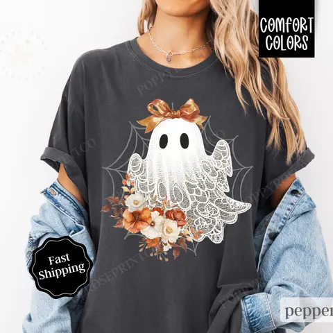 Lace Ghost Shirt Comfort Colors, Cute Halloween Shirt,  October Vibes Shirt for Women Oversized Crewneck Tee