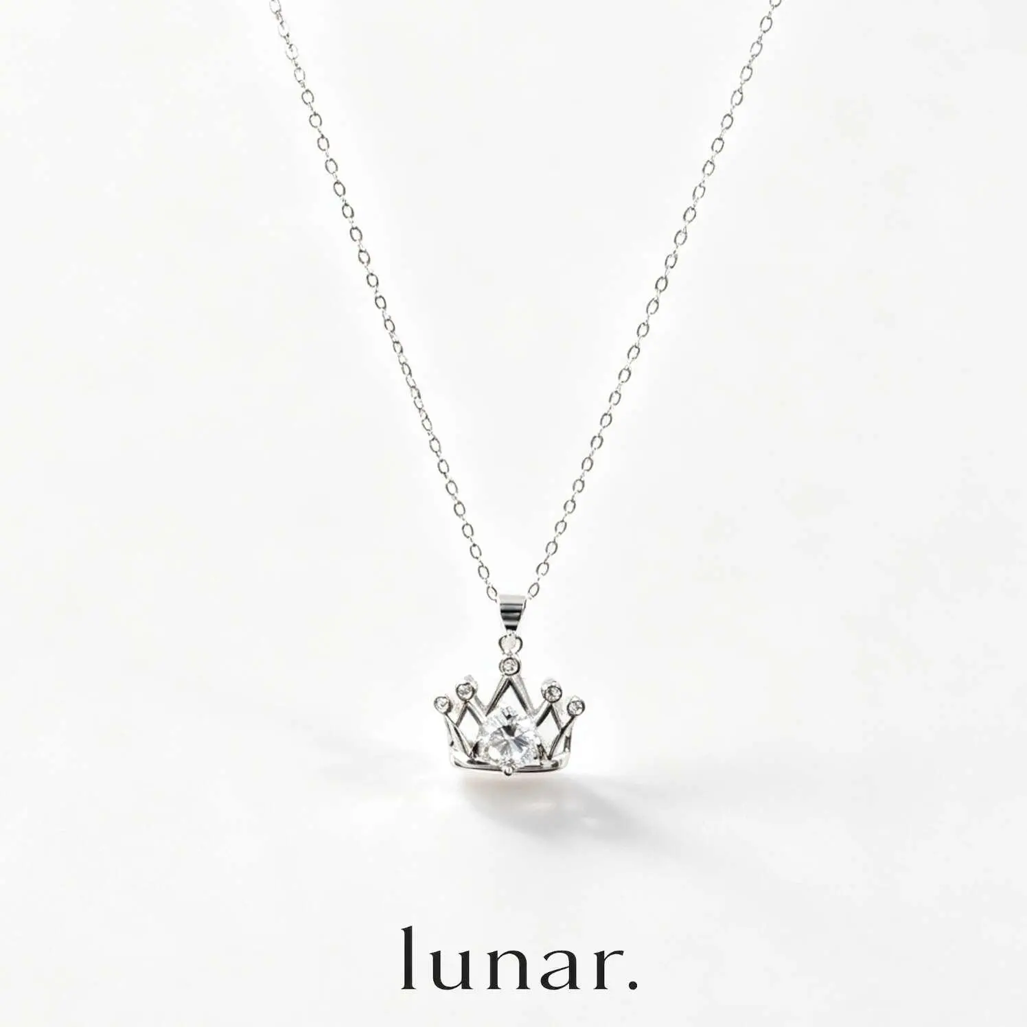 lunar Silver-Tone Plated Stainless Steel Crown Pendant Necklace for Women - Dainty Princess Charm Choker, Elegant Crystal-Look Chain Necklace