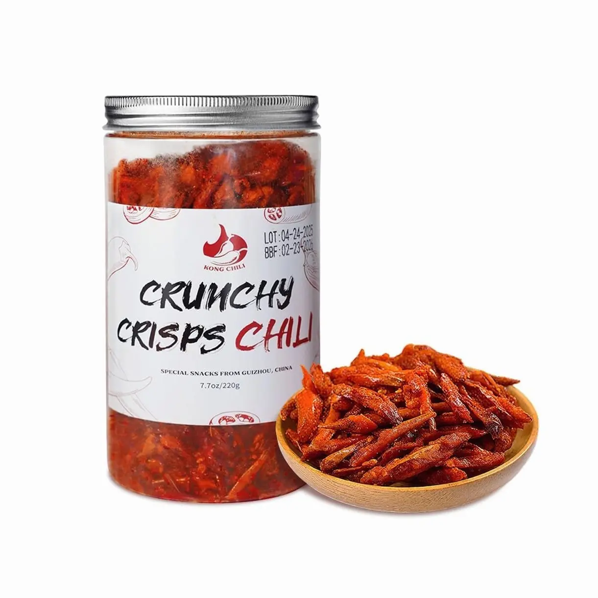 KONGCHILI Chinese Spicy Crispy Chili Snack with Sesame Seeds,Crispy Fried Spicy Chips, No MSG, Zero Sugar,Halal Certified Vegan Snack,Ready To Eat, 7.7oz,220g,Gourmet Crunchy Chili Crisp for Gifting & Parties