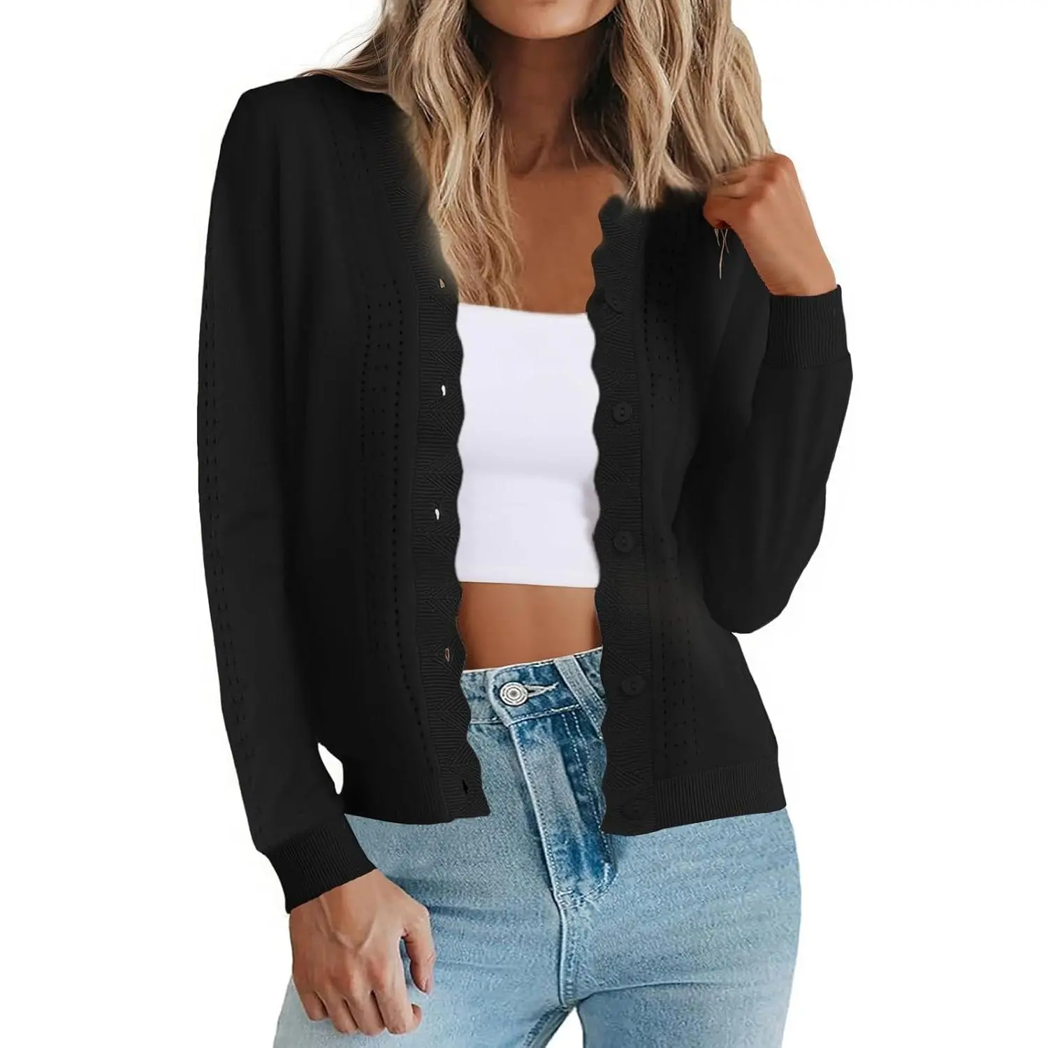 2026Women's Fitted V-Neck Button-Down Scalloped Hollow-Out Knit Cardigan Sweater, Long Sleeve Casual Style Lightweight Short Top for Fall 2026