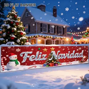 2D FLAT 1 count Spanish Christmas Hanging Ornaments Banner "Feliz Navidad" - Red & White Holiday Party Decor with Snowman, 18x79 Inch Santa Sleigh & Candy Canes - Polyester Indoor/Outdoor Door Wall Hanging for Xmas, New Year, Winter Parties