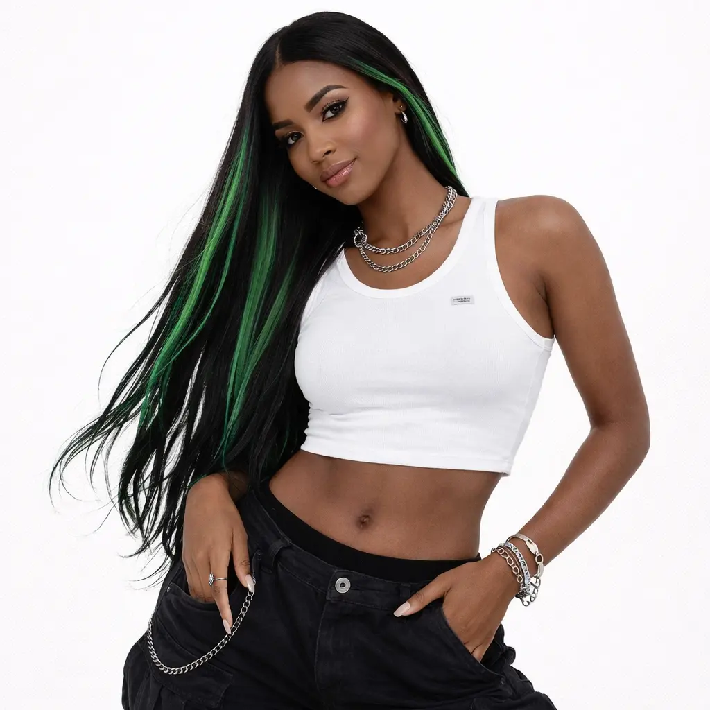 Glueless Synthetic Wig Long Straight Green Highlight Street Style Y2K Fashion For Women Costume Party Cosplay