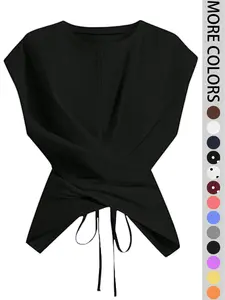 Women's Knitted Round Neck Drop Shoulder Short Sleeve T-Shirt, Fashion Casual Asymmetrical Cross Back Top, Suitable for Spring Summer Fall