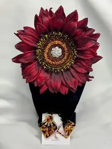 "Crimson Radiance" Floral Brooch & Earrings Set - Handcrafted Burgundy Crystal Bloom & Tortoiseshell Earrings